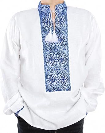 Ukrainian Vyshyvanka for Men White Linen Wedding Shirt with Handmade Cross-Stitch Blue Embroidery