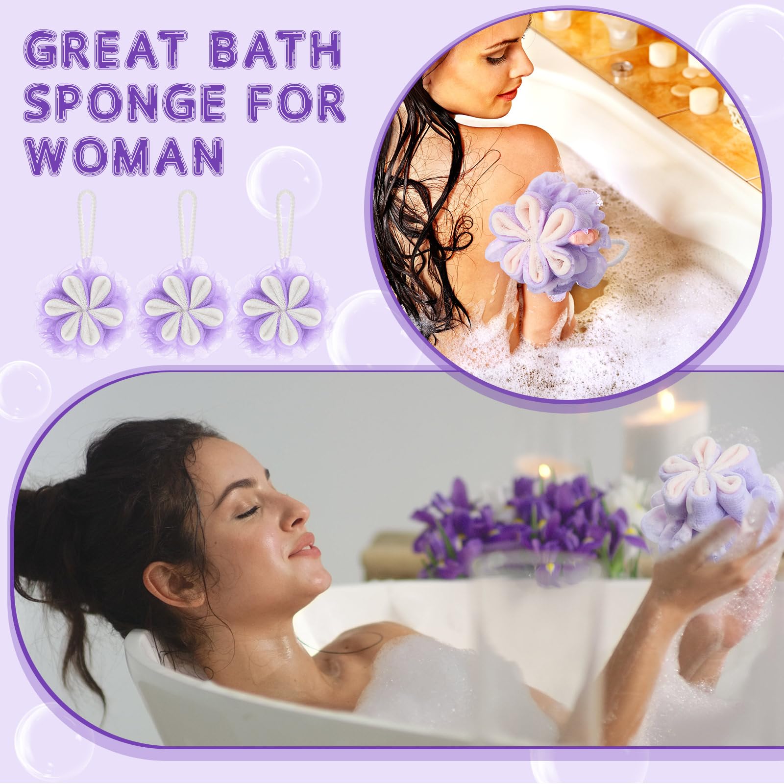 FuWeave 6 esponjas exfoliantes de lufa morada, 50 g, forma de flor, para ducha, esponjas, esponjas de ducha, esponjas de malla, esponja de lavado corporal para mujeres, regalos de baño, regalos de spa