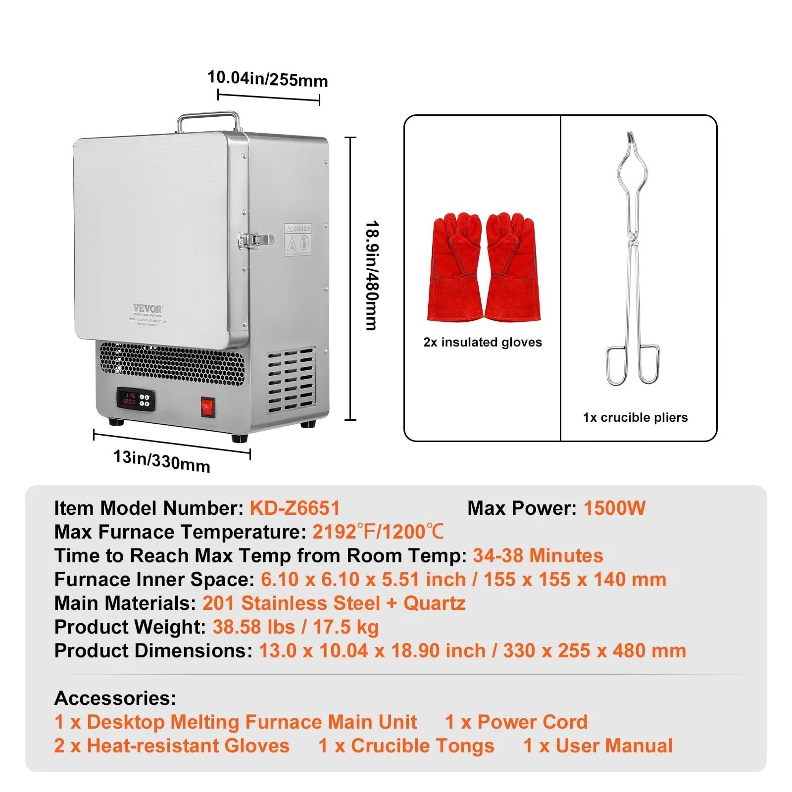 Forno di fusione elettrico da 1500 W, temperatura massima 2192 ℉, acciaio inossidabile, argilla metallica, tempra del metallo fai da te, smaltatura su ceramica