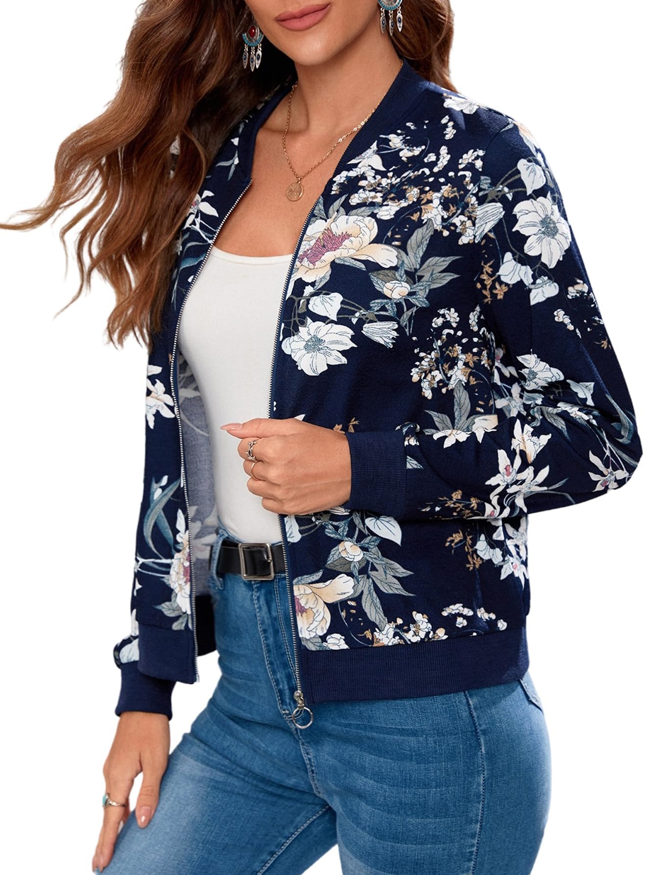 GORGLITTER Chaqueta elegante para mujer, chaqueta bomber de manga larga, con estampado de flores, cuello redondo, chaqueta informal con cremallera