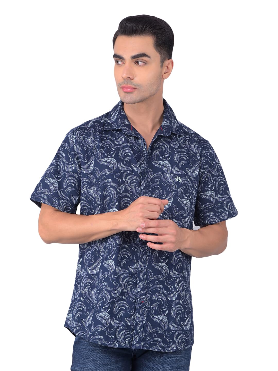Crimsoune Club Men's Navy Blue Floral Print 100% Cotton Shirt-picture-14