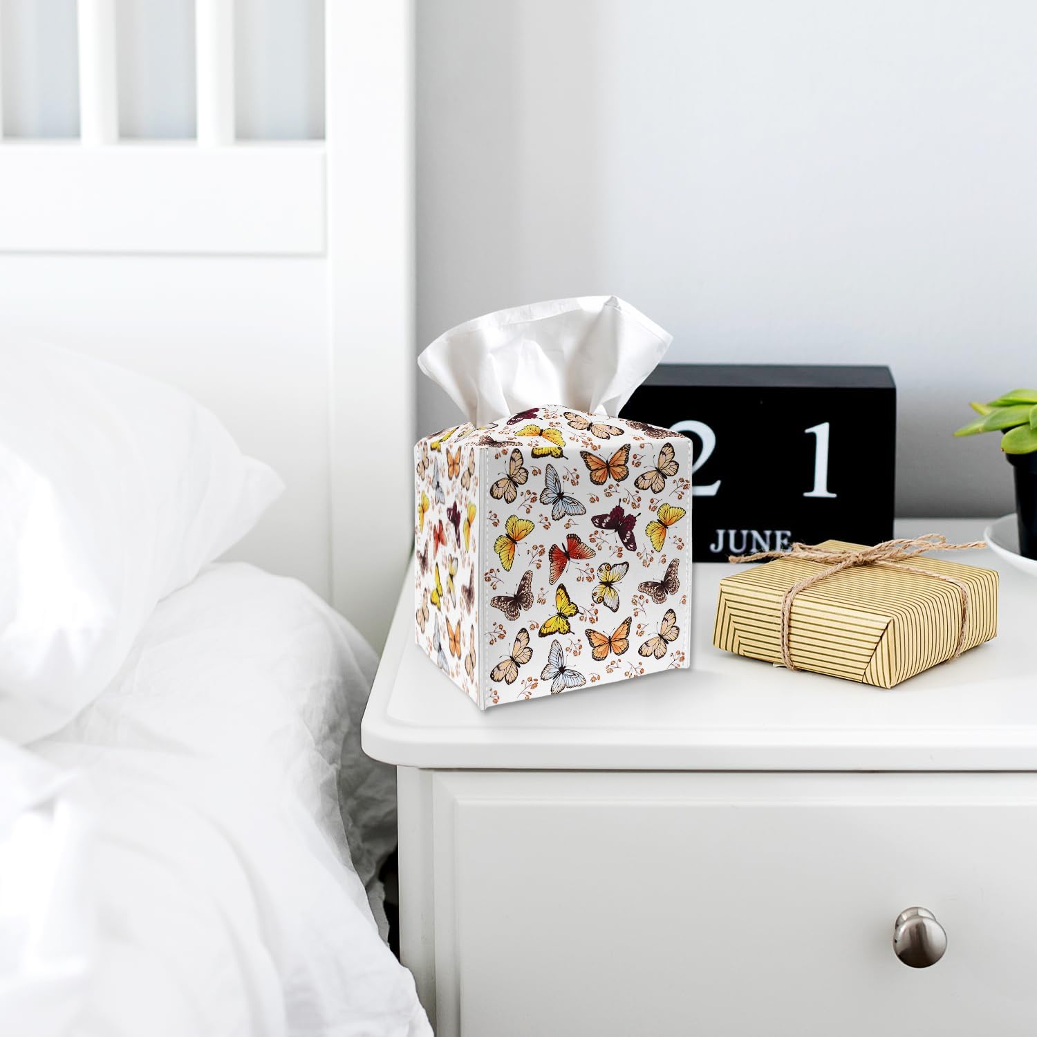 Tissue Box Cover Holder, Colorful Butterfly PU Leather Tissue Box Cover with Bottom Belt, Square Facial Paper Organizer for Tabletop, Bathroom, Kitchen, Car & Office -045 image 5