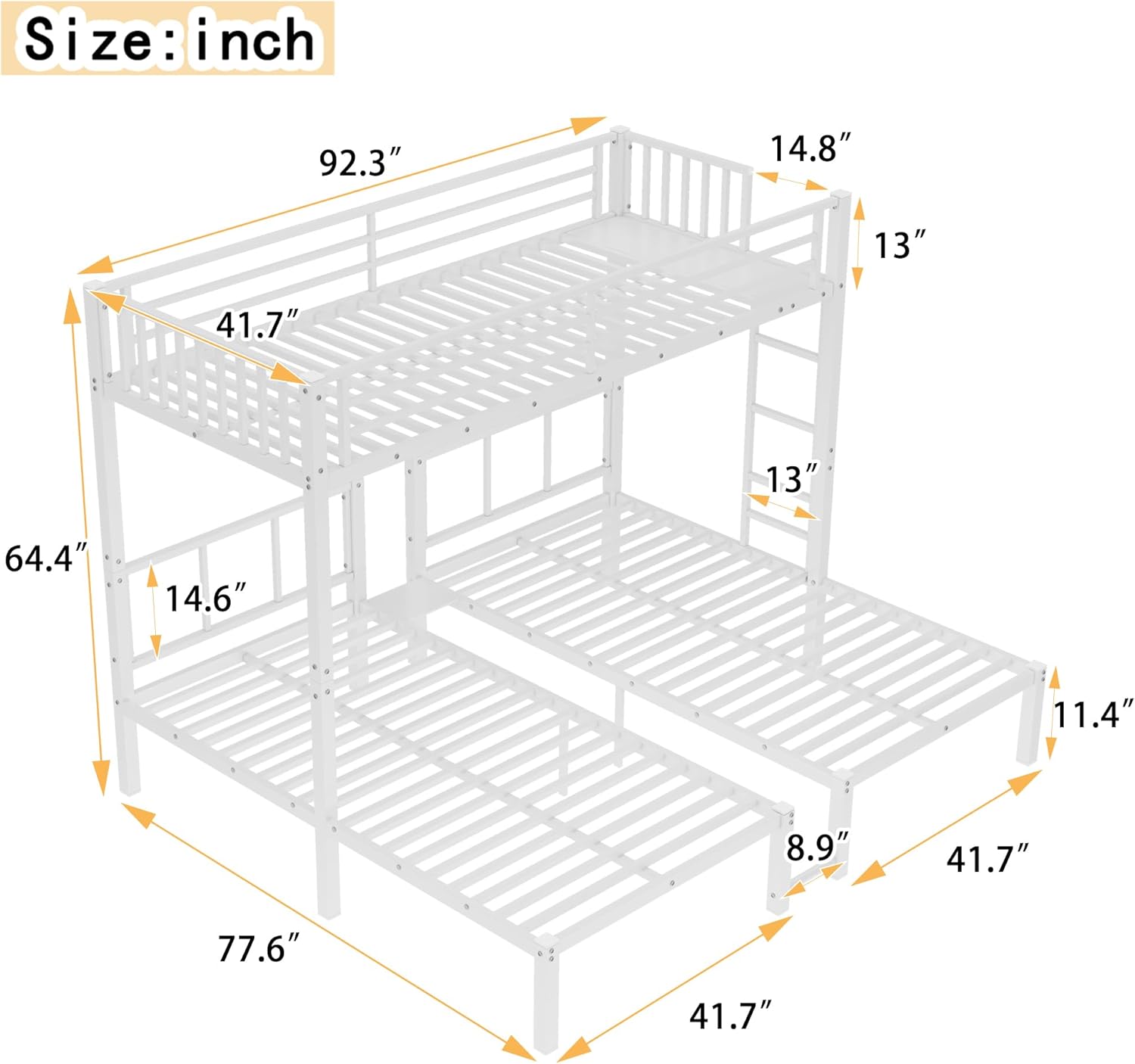 Twin Over Twin & Twin L-Shaped Triple Bunk Bed Frame with Guardrails & Shelf, Convertible to 3 Separate Twin Beds, Sturdy Metal Construction (White/M2)