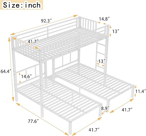 Miniatura 233 de Litera en forma de L individual sobre cama matrimonial adjunta, litera triple de metal con escritorio y tobogán integrados, marco de literas de