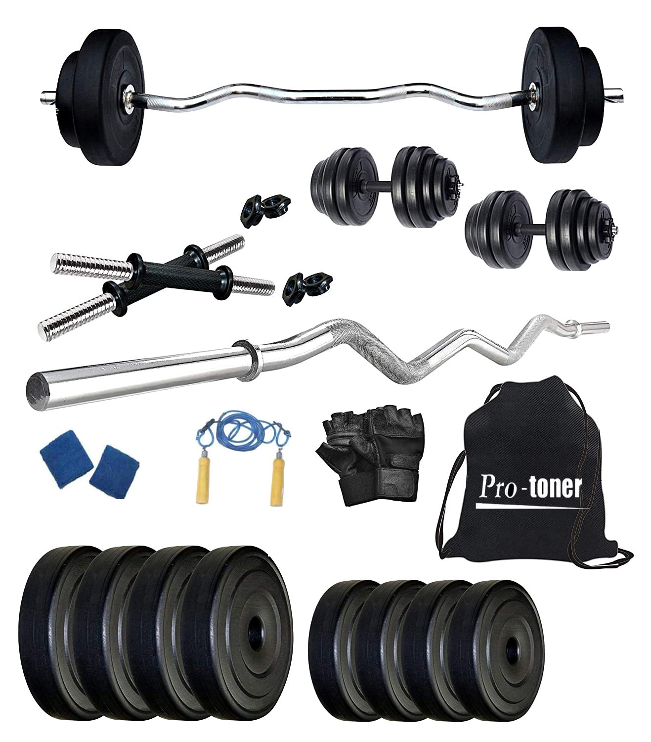Protoner Home Gym 16 kgs, 2 kg x 8 Plates, 1 x 3 feet bar,2 x Dumbbell rods, Gloves, Rope, Sweat Bands and Gym Bag