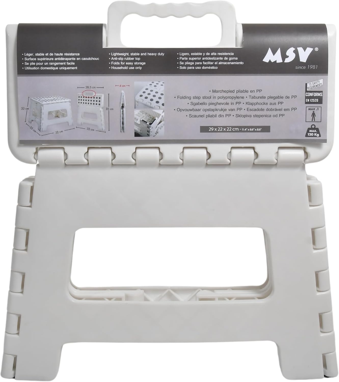 MSV - Folding Step Stool - Non-Slip and Lightweight for Kitchen and Bathroom - 22 x 32 x 25 cm - White - Safety for Children and Adults Indoor and Outdoor Use