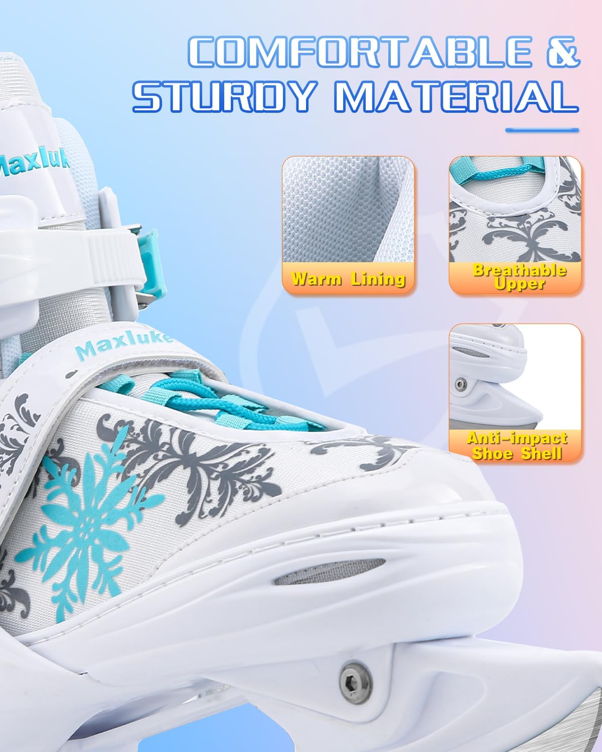 Girl's Adjustable Ice Skates | Ice Hockey Skates for Kids Girls Boys | Youth Beginner Ice Skating Shoes for Outdoor and Rink | Soft Comfortable Lining | White Snowflake Style