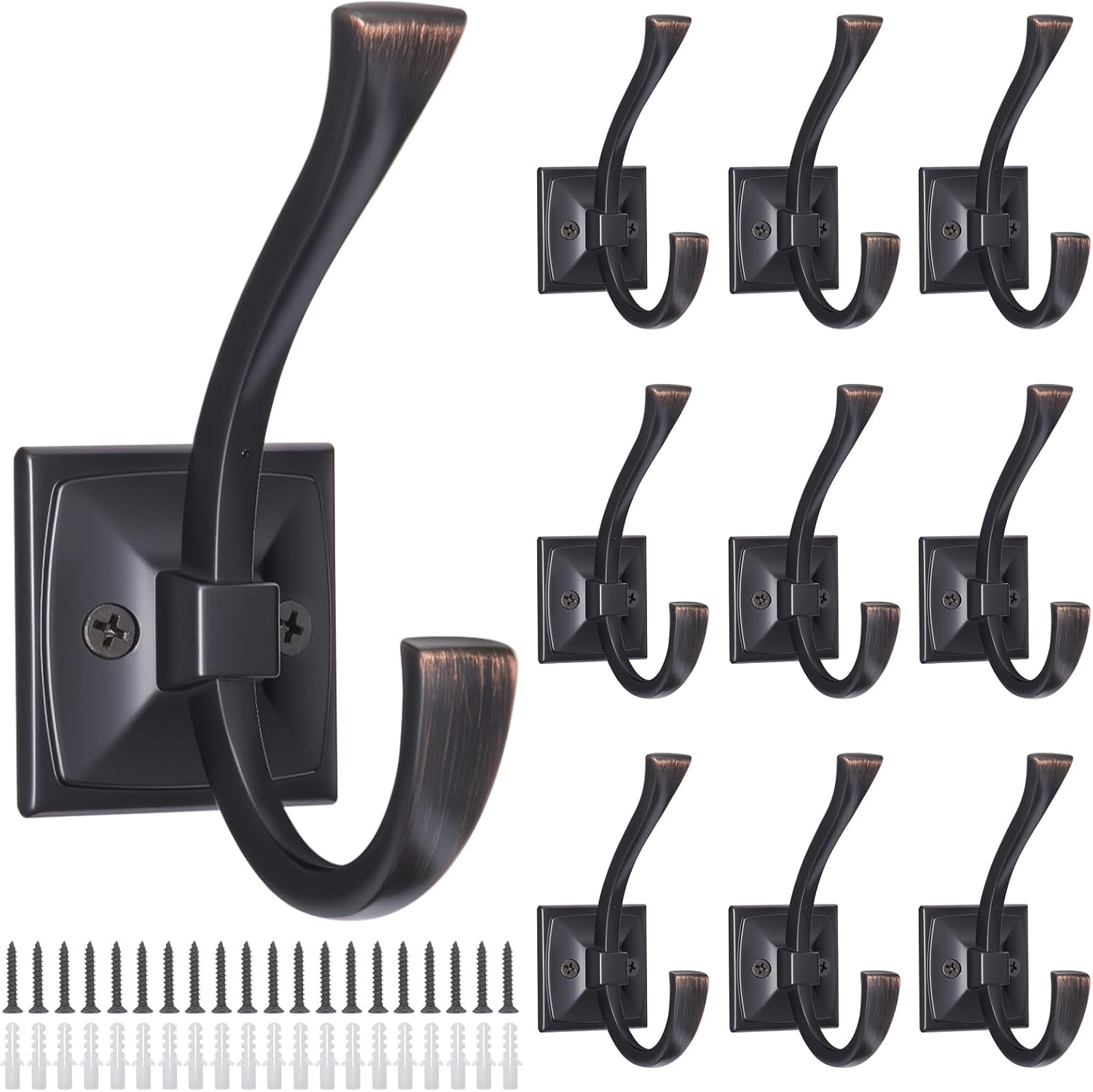 10 Pack Oil Rubbed Bronze Towel Hooks for Bathroom, Vintage Decorative Coat Hooks Heavy Duty Wall-Mounted Robe Hook Antique Hanging Double Towel Hook with Screw for Key Bags Cup