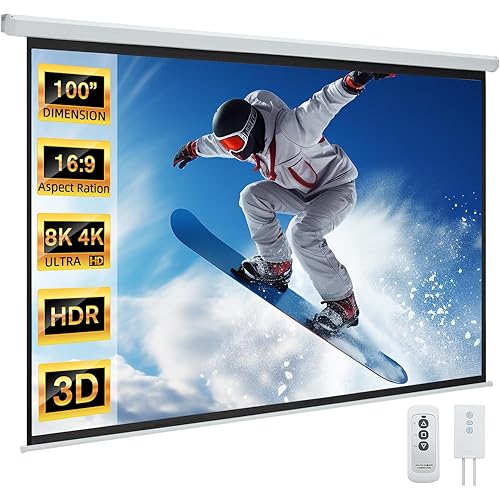 YODOLLA Projector Screen Motorized 100" 16:9, 4K 3D HD Electric Projector Screen Wall Mounted Automatic Ceiling Retractable Drop Down Projection Screen with Remote Movie Screen for Indoor Outdoor Use