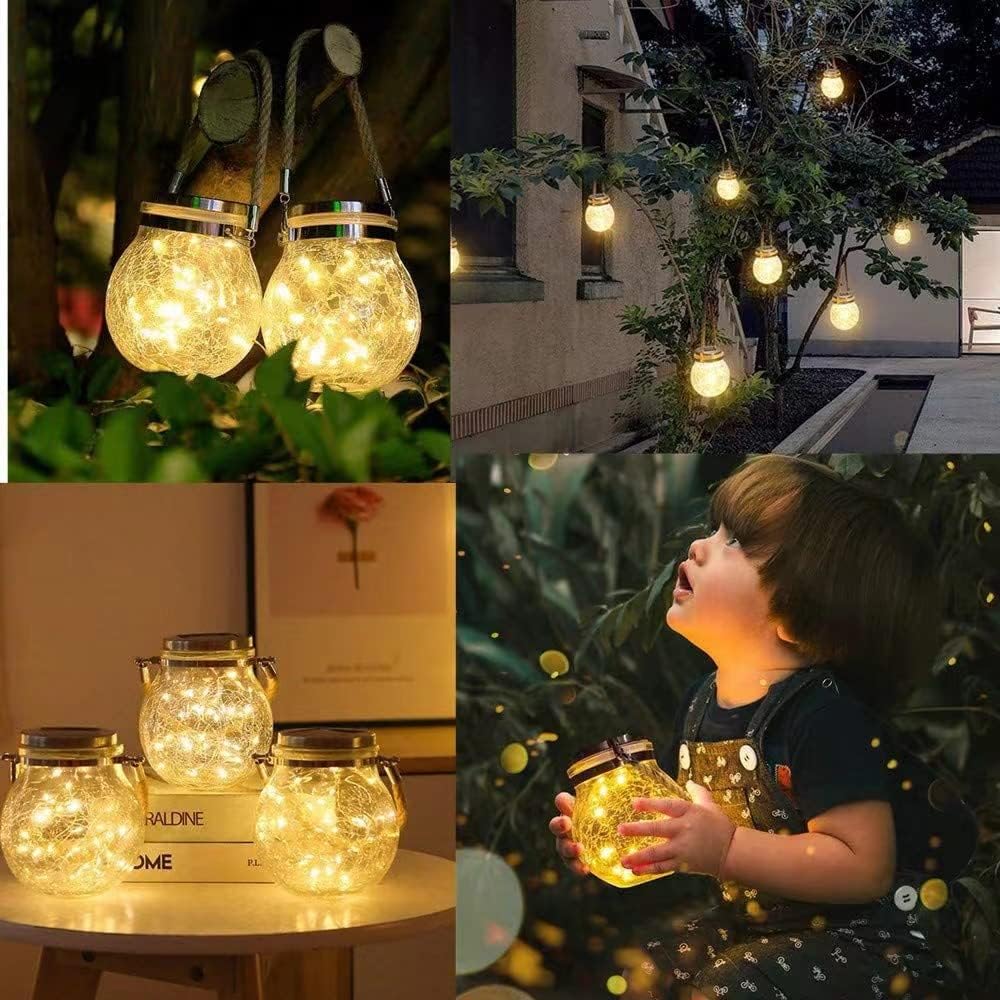 2 Pack Solar Lantern Crackle Glass Ball, Amber Warm LED Hanging Solar Lights Outdoor Garden Waterproof Decorative Easter Solar Lantern for Yard Tree, Garden Pathway Fence Lawn Backyard.