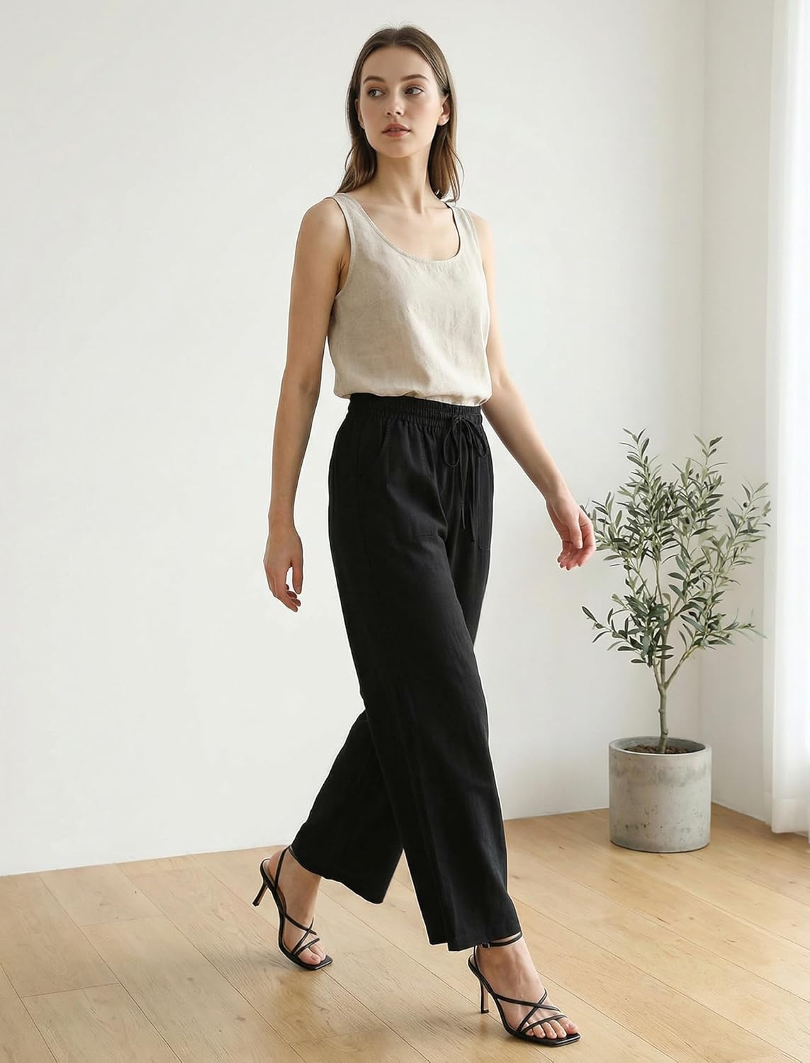 Cotton Linen Palazzo Pants for Women Summer Boho Casual Wide Leg Trousers Drawstring Work Lounge Pant Beach Vacation - Image 3