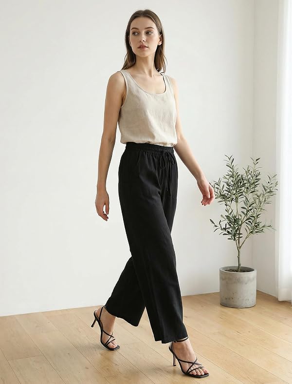 Queeo Cotton Linen Palazzo Pants for Women Summer Boho Casual Wide Leg Trousers Drawstring Work Lounge Pant Beach Vacation Black by Queeo - Used condition - Image 3