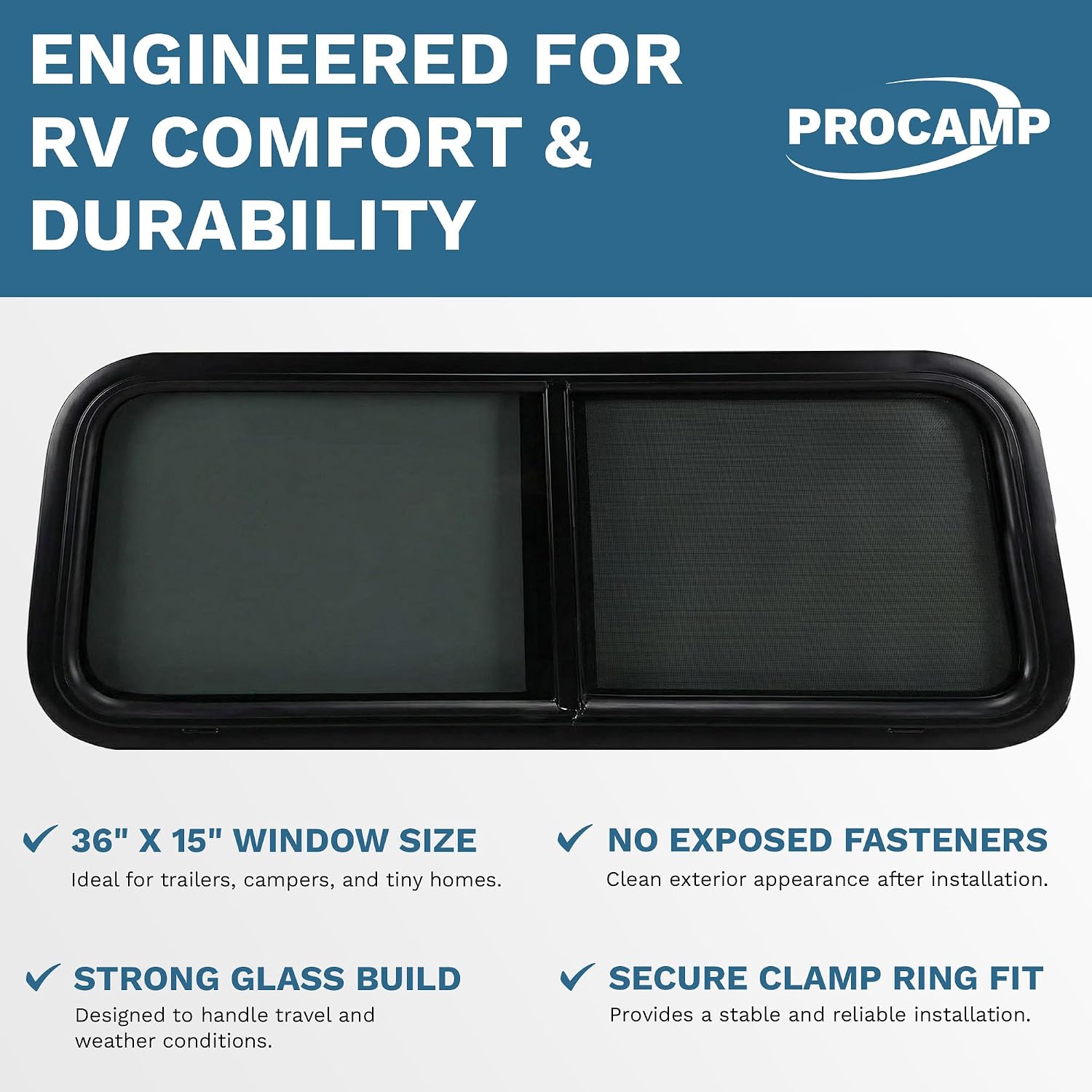 RV Window 36" x 15" - Horizontal Slider with Screen & Trim Ring fits 1.75" Wall Thickness - Replacement for Campers, Trailers (35 3/4" x 14 3/4" Cut-Out)