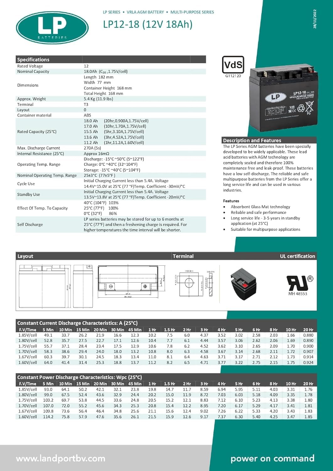 Batería Landport 12V/18Ah Polivalente - Tecnología VRLA AGM/Modelo LP12-18 con Certificado VDS - Terminal F3/T3