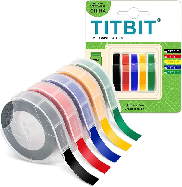 5 Rolls Compatible Embossing 3D Plastic Colored Tape Black/Red/Yellow/Green/Blue 9mm x 3m for Dymo Omega Home Embossing Label Maker 12965 DYM12966
