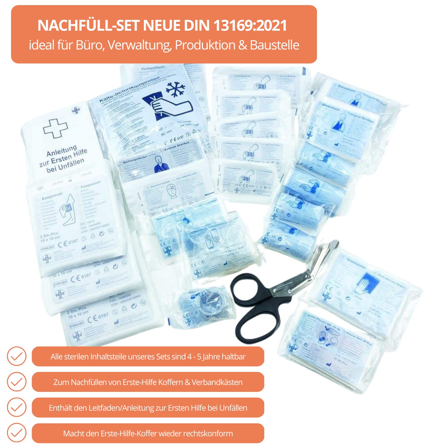 Nachfüllset DIN 13169:2021 für Erste-Hilfe Koffer & Verbandkaste, für Verbands-Kasten & Medizinschrank gemäß ASR, HierBeiDir