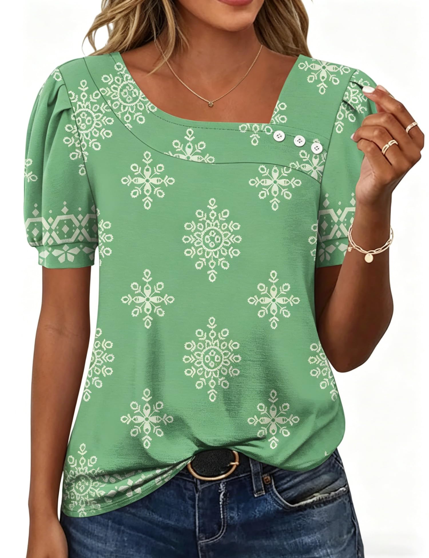 Rapbin Bluse Damen Kurzarm Oberteile Elegant Asymmetrischem Ausschnitt T-Shirt Sommer Button Blusenshirt Casual Top from S to XXL