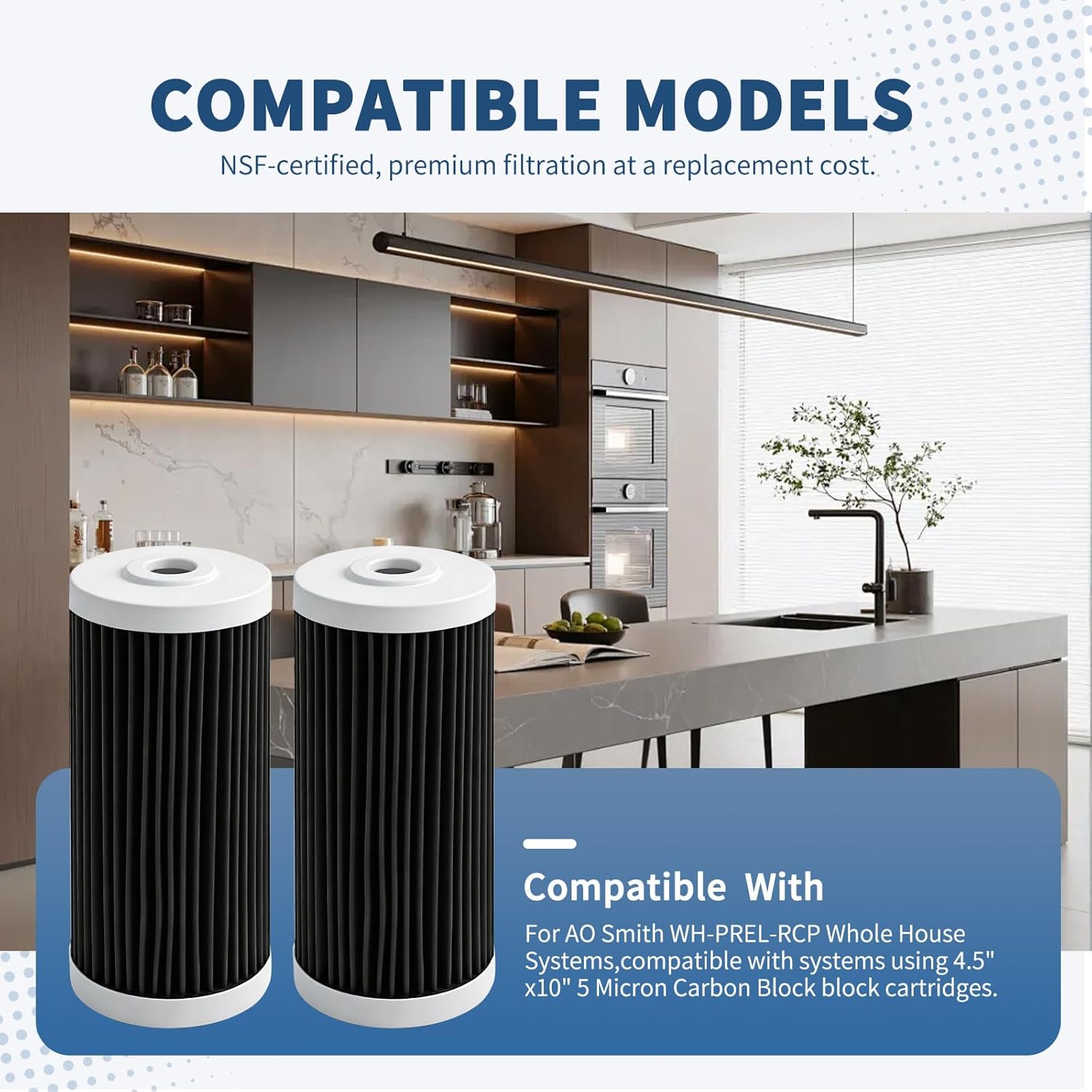 Water Filter Replacement Cartridge compatible with AO Smith WH-PREL-RCP Whole House Systems-4.5"x10" 5 Micron Carbon Block Replacement Water Filter Cartridge| Home Water Filtration (2pcs)
