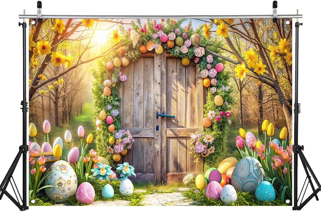 WOLADA Easter Photo Backdrop Spring Backdrop Rustic Wooden Door with Colorful Easter Eggs Sunlit Spring Forest Background 10x7FT FW92
