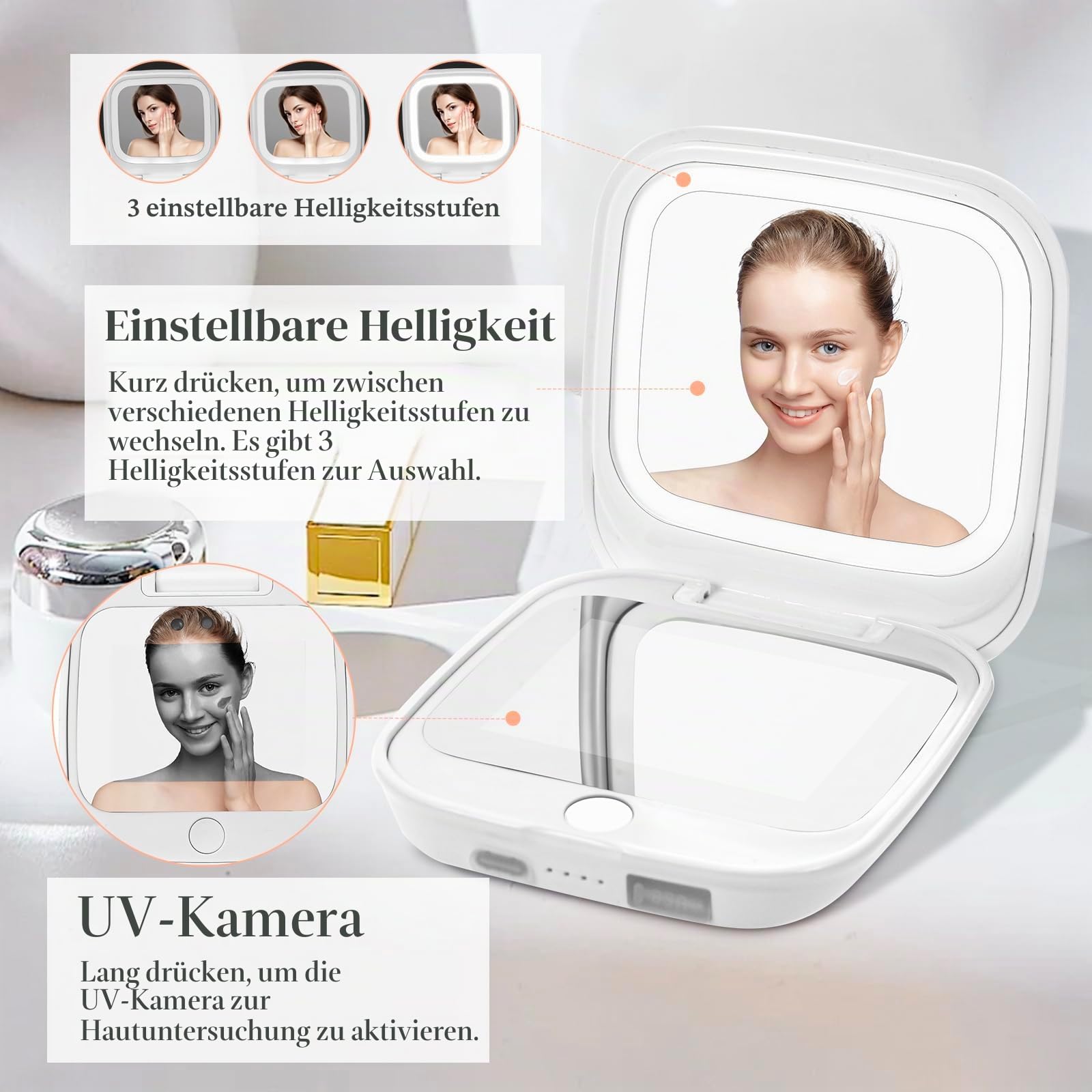 UV-Kamera-Spiegel für Sonnenschutz-Test & SPF-Erkennung, 1x/2-fache Vergrößerung, Reisespiegel mit dimmbaren LED-Lichtern, 2-seitiger tragbarer Make-up-Spiegel für Handtasche/Tasche, Weiß