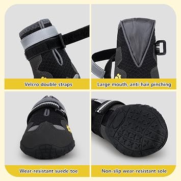 Dog Shoes, FISHOAKY Dog Shoes for Large Dogs, Mesh Breathable Dog Boots & Paw Protectors for Summer Hot Pavement, 360°Anti Slip 4Pcs Dog Booties with Reflective Black (Size 4)