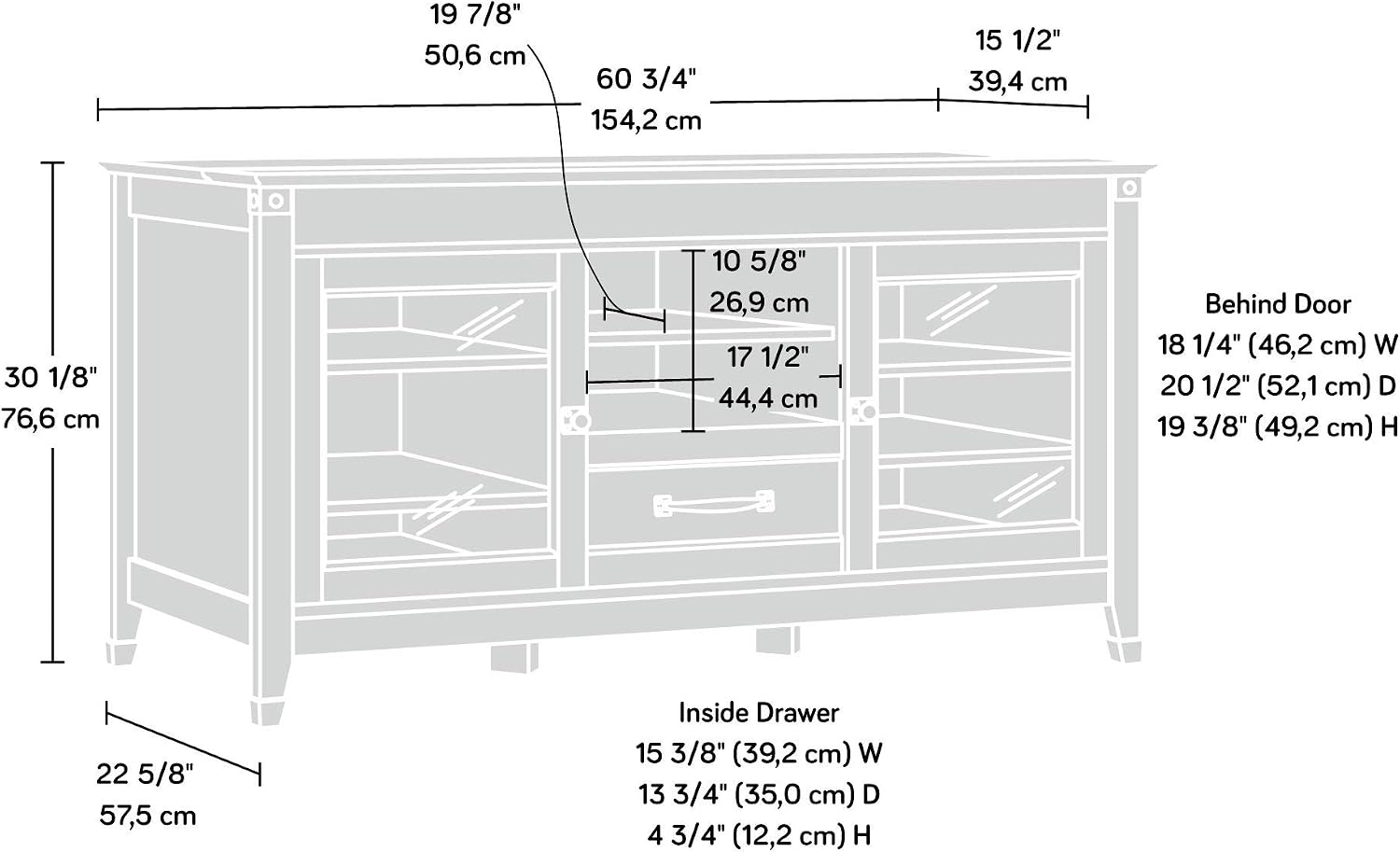 ക്ലോസ് അപ്പ് view of the Digital Dock compartment on the Sauder Carson Forge Entertainment Credenza, showing space for electronics and cable management.