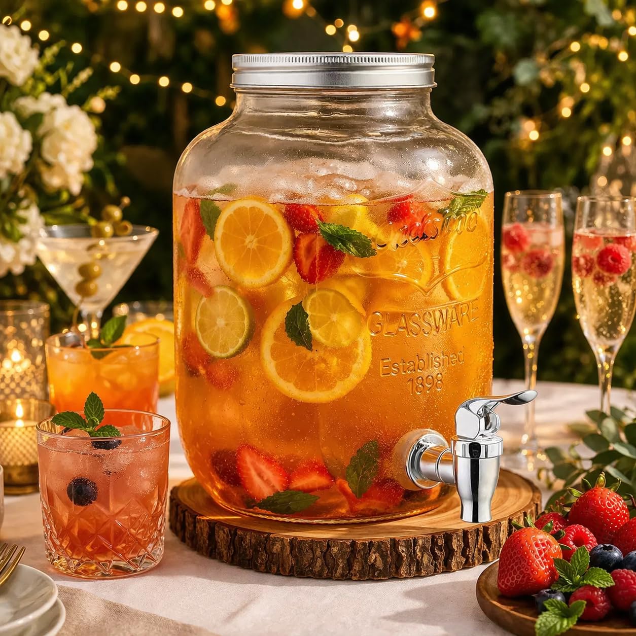 Dispenser Bevande in Vetro 4L con Rubinetto e Tappo Acciaio Ermetico, Barattolo per Acqua, Cocktail e Bibite, 33x20 cm, Contenitore per Feste, Catering, Casa e Giardino, Design Elegante