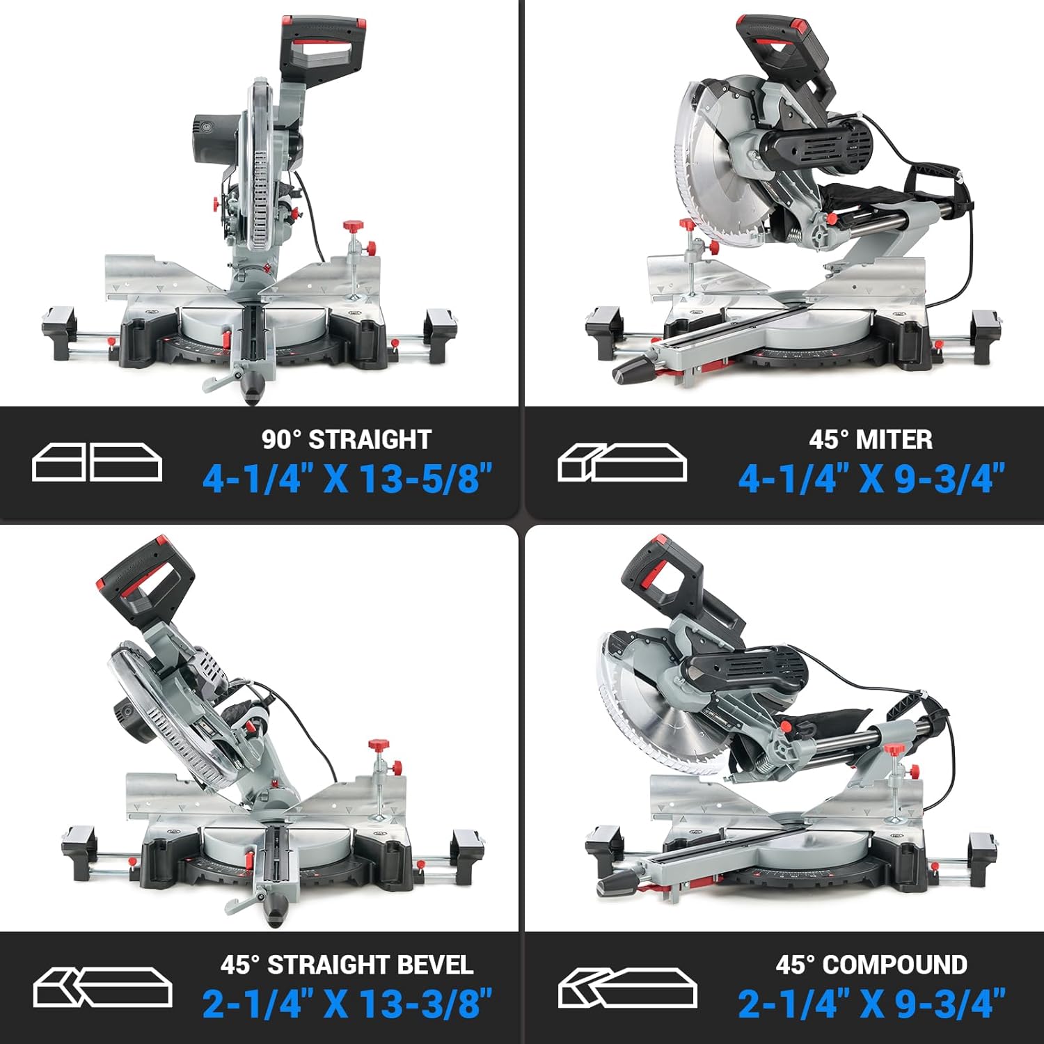 Diagram illustrating different cutting capacities: 90 degree straight, 45 degree miter, 45 degree straight bevel, and 45 degree compound cuts
