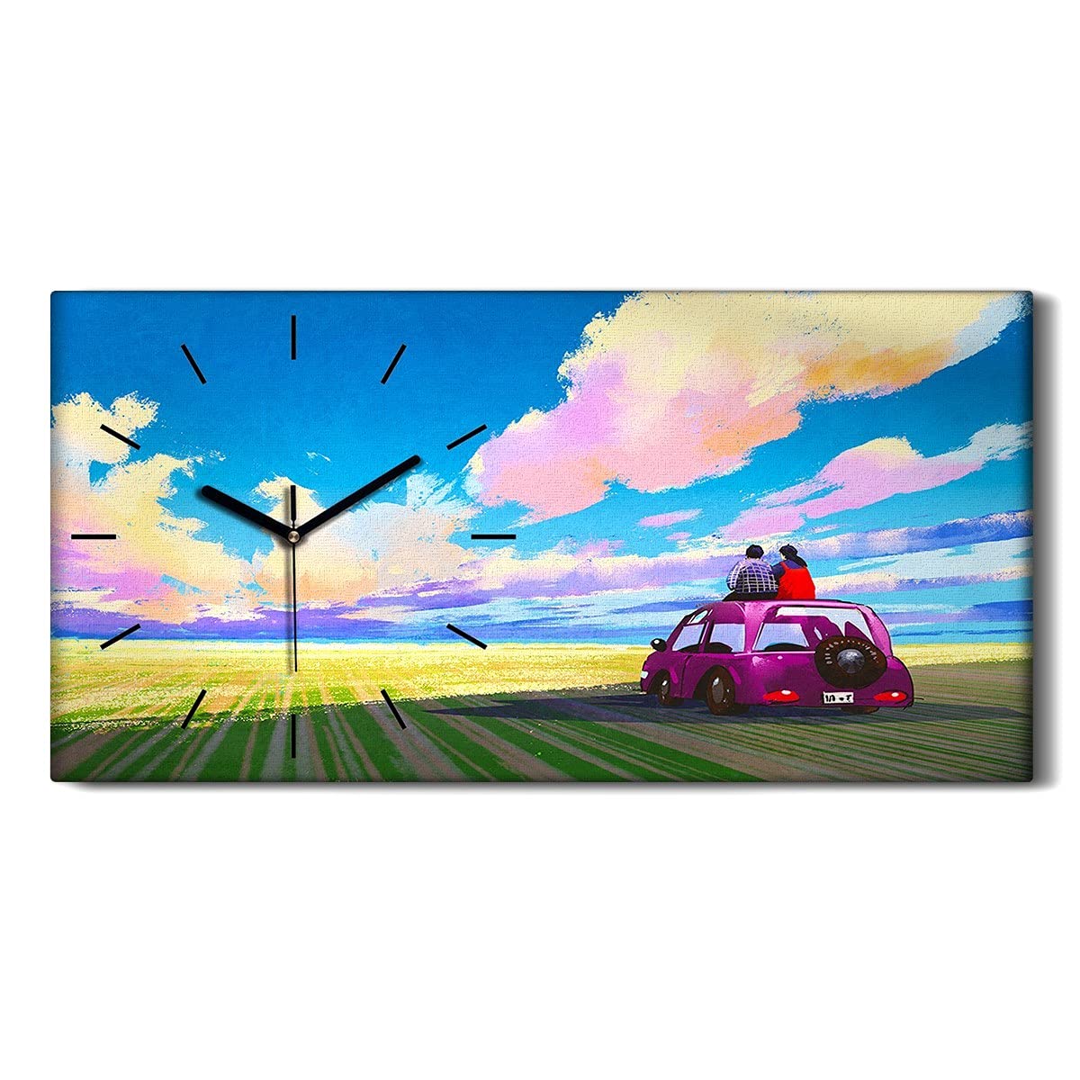 Horloge sur toile 60x30cm salon aiguilles noires voitures prairies