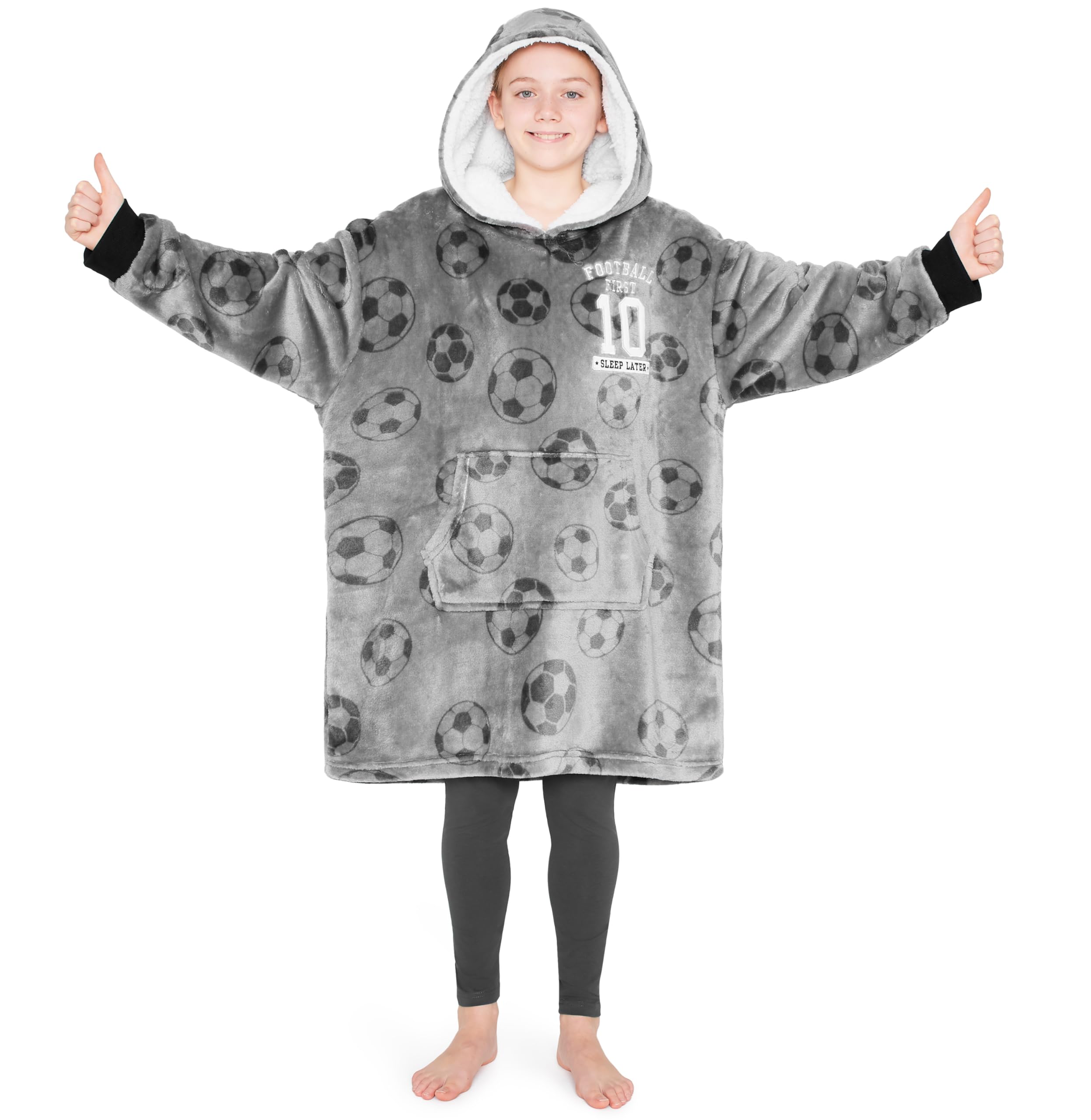 Citycomfort Grey Football Hoodie Blanket For Kids & Teenagers Fleece Wearable Blanket Warm Gamer Football Oversized Hoodie With Sherpa Hood Loungewear Gaming Gifts (Grey Football)