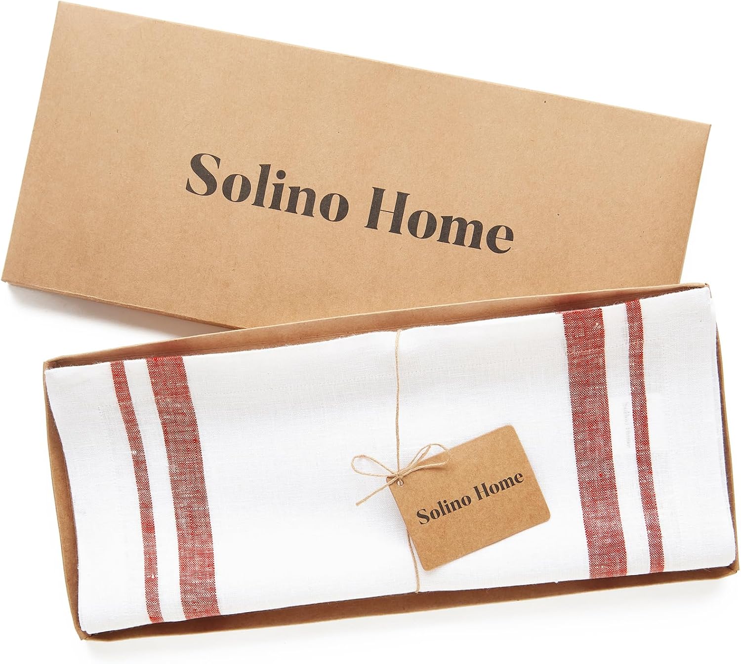 Solino Home Linen Table Runner 120 Inches Long - French Stripe, 100% Pure Linen Red and White Farmhouse Table Runner 16 x 120 Inch Ideal for Dining, Spring, Summer, Memorial Day