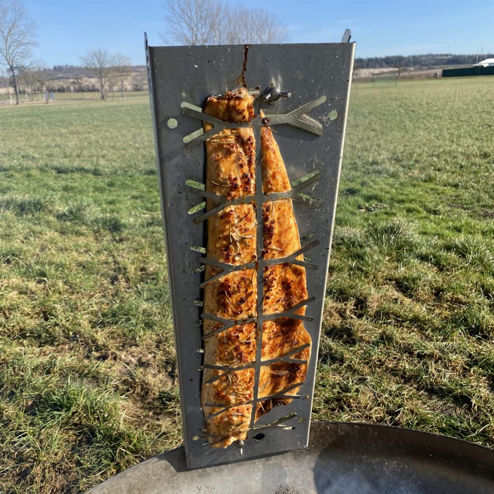 Czaja Feuerschalen® Flammlachsbrett aus Edelstahl - Lachsbrett zum Grillen - Flammlachsbretter mit Verstellbarer Halterung und 180° Wendefunktion- Räucherbrett | Aromaschiene für Kugelgrill