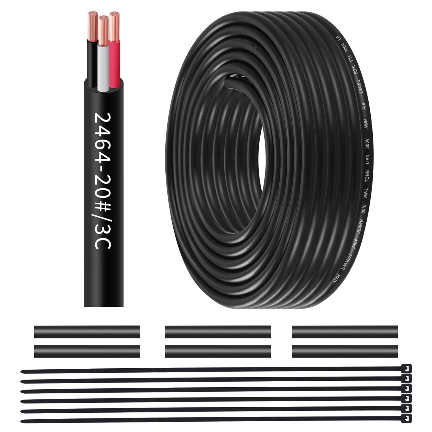 20 Gauge 3 Conductor Electrical Wire, UL2464 Rated, 100Ft, Black, Copper, 11 Strands, Suitable for LED Lights, LED Strips, Low Voltage Electronics