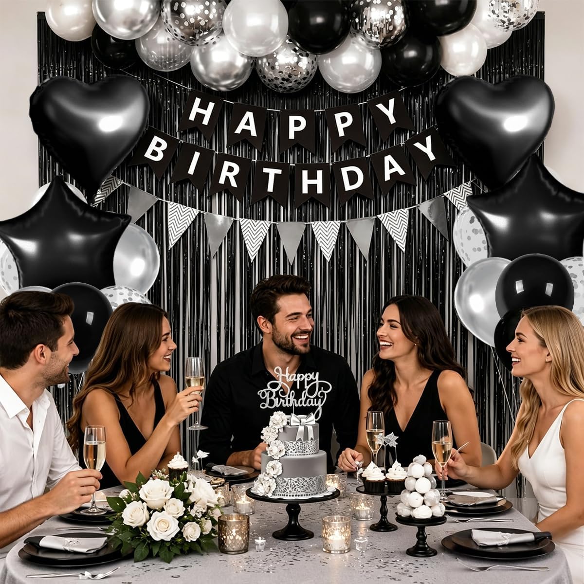 18Pcs Black Birthday Decorations For Men Women, Happy Birthday Banner With Fringe Curtains, Star, Heart Foil Balloons, 12 Inch Black And Silver Balloons For Happy Birthday Decorations image 5