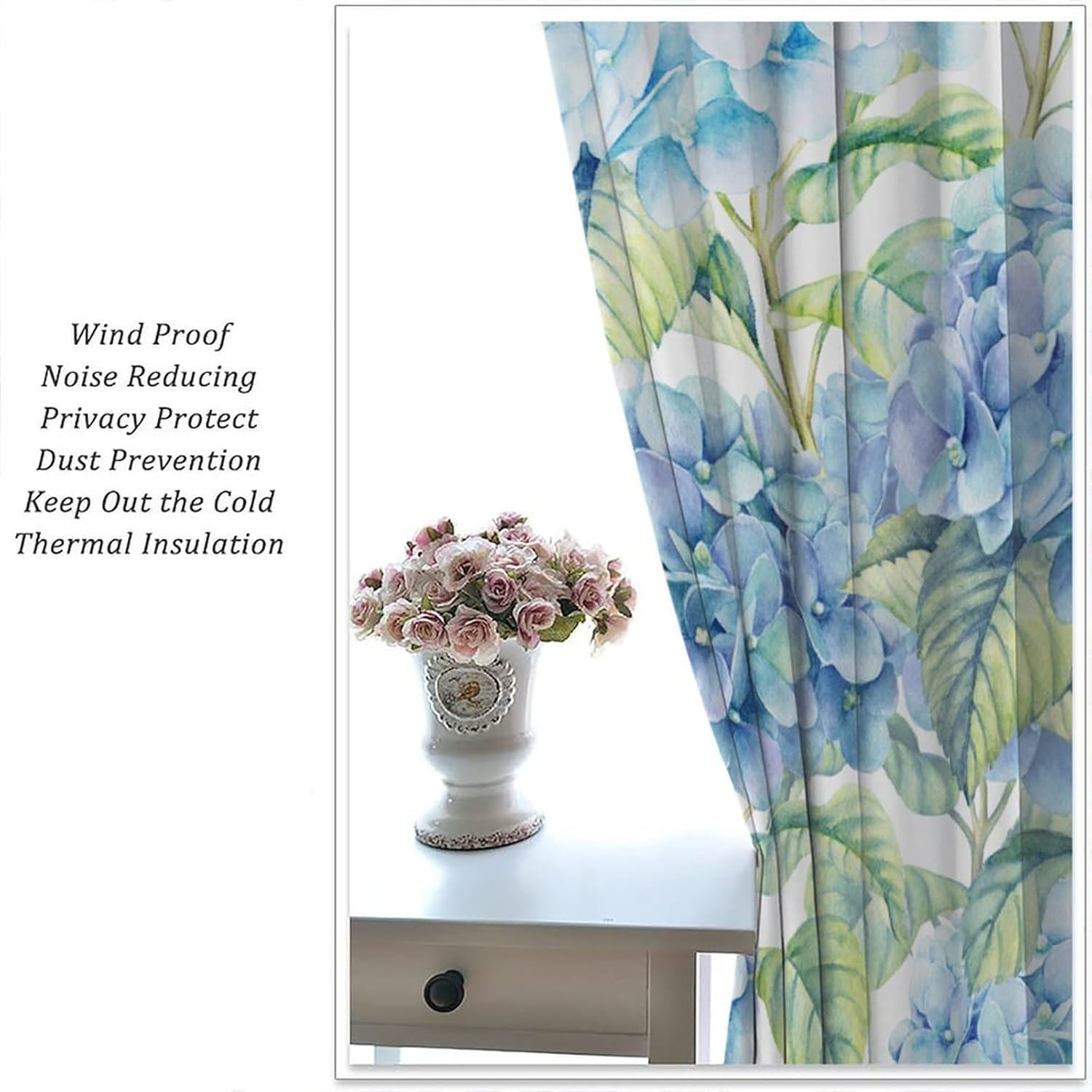 Hydrangea Curtains, Watercolor Blue Hydrangea Leaves Spring Floral Blackout Window Treatments, Rod Pocket Thermal Insulated Drapes 2 Panel Sets for Bedroom Living Room, 63" W X 72" L
