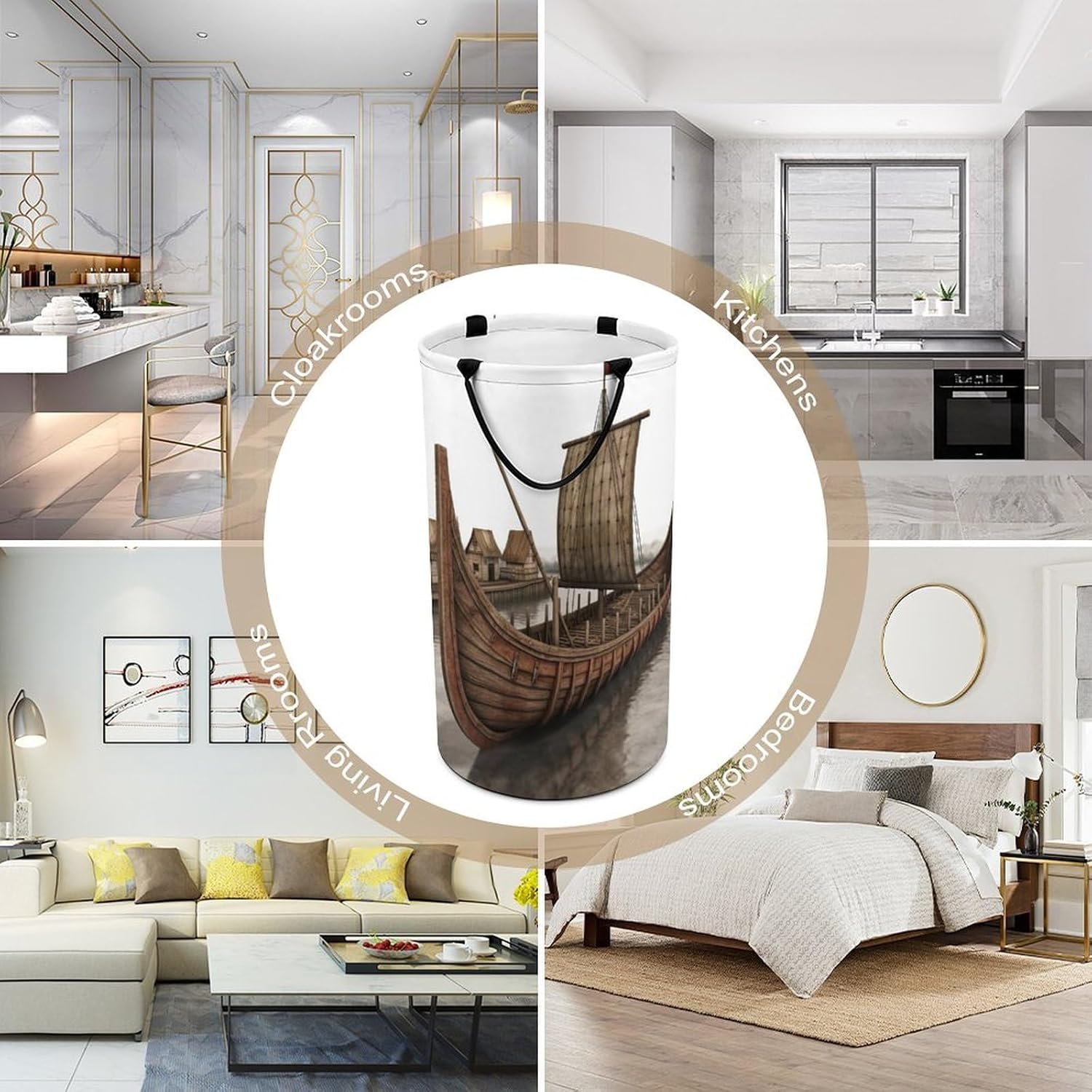 Old Viking Boat Laundry Basket Freestanding Laundry Hamper with Handles Waterproof Dirty Clothes Hamper Collapsible Washing Bin Aesthetic Clothes Basket for Bathroom Bedroom Dorm