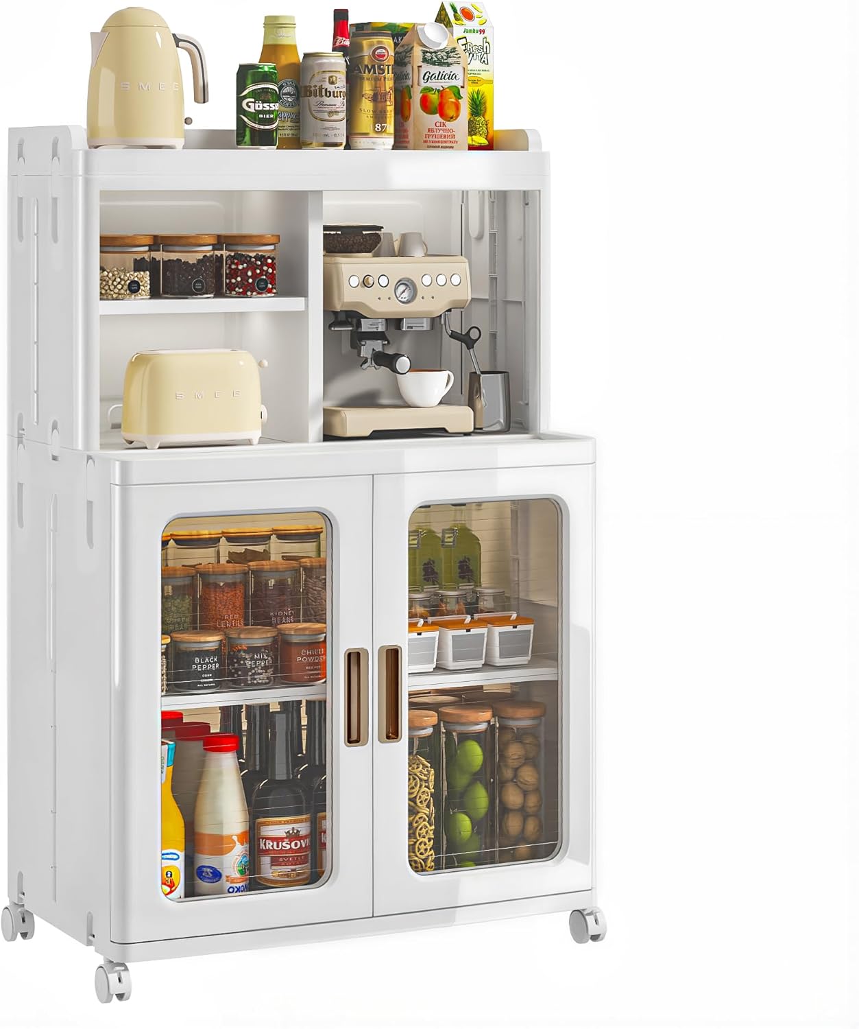 VECELO Foldable Plastic Sideboard Cabinet with Adjustable Shelves, Waterproof Buffet Cabinet with Doors for Kitchen, Dining Room & Small Spaces, White