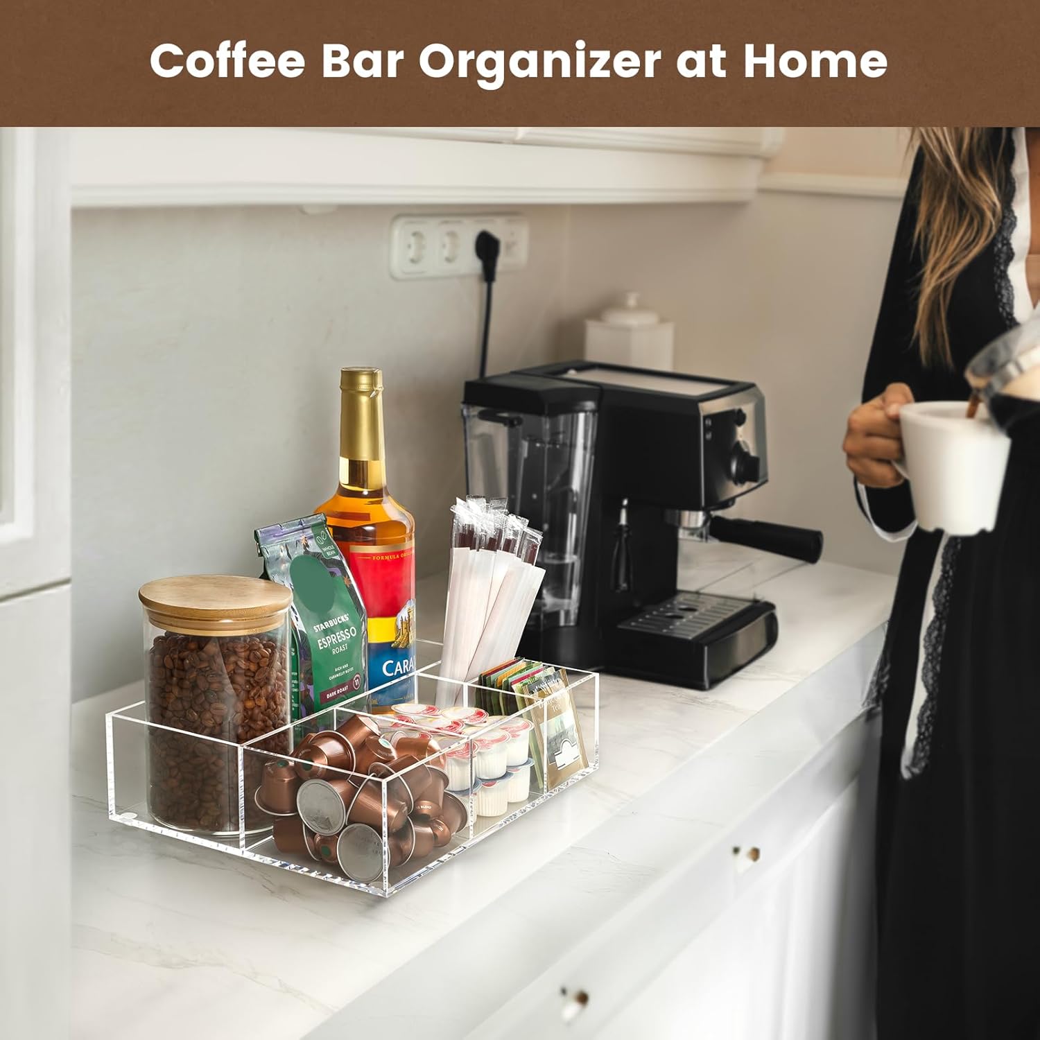 BEYGORM Acrylic Coffee Bar Station Organizer for Countertop,Office Breakroom Clear Snack Tea Storage Accessories Holder for Kcup Pod Condiment Cup Sugar Creamer Syrup, Gift for Coffee Lovers