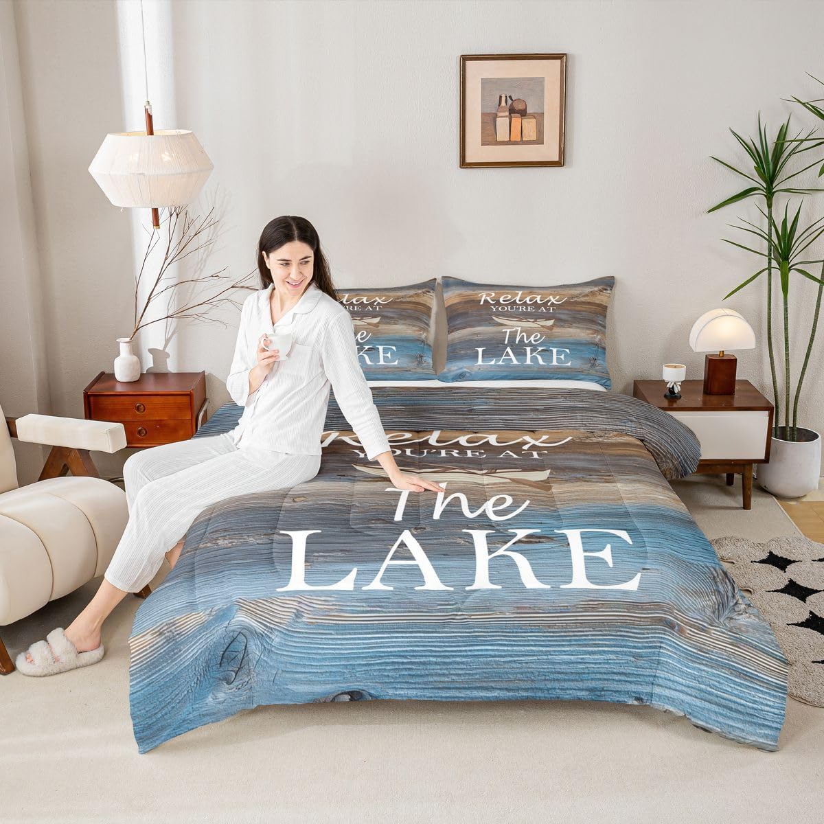 Erosebridal Lake Comforter Set Full The Lake House Decor for The Home,Rustic Farmhouse Cabin Lodge Watercolor Wooden Plank Bedding Set Lake Life Decor for Women,Lake Paddle Boat Quilt Lake Decor
