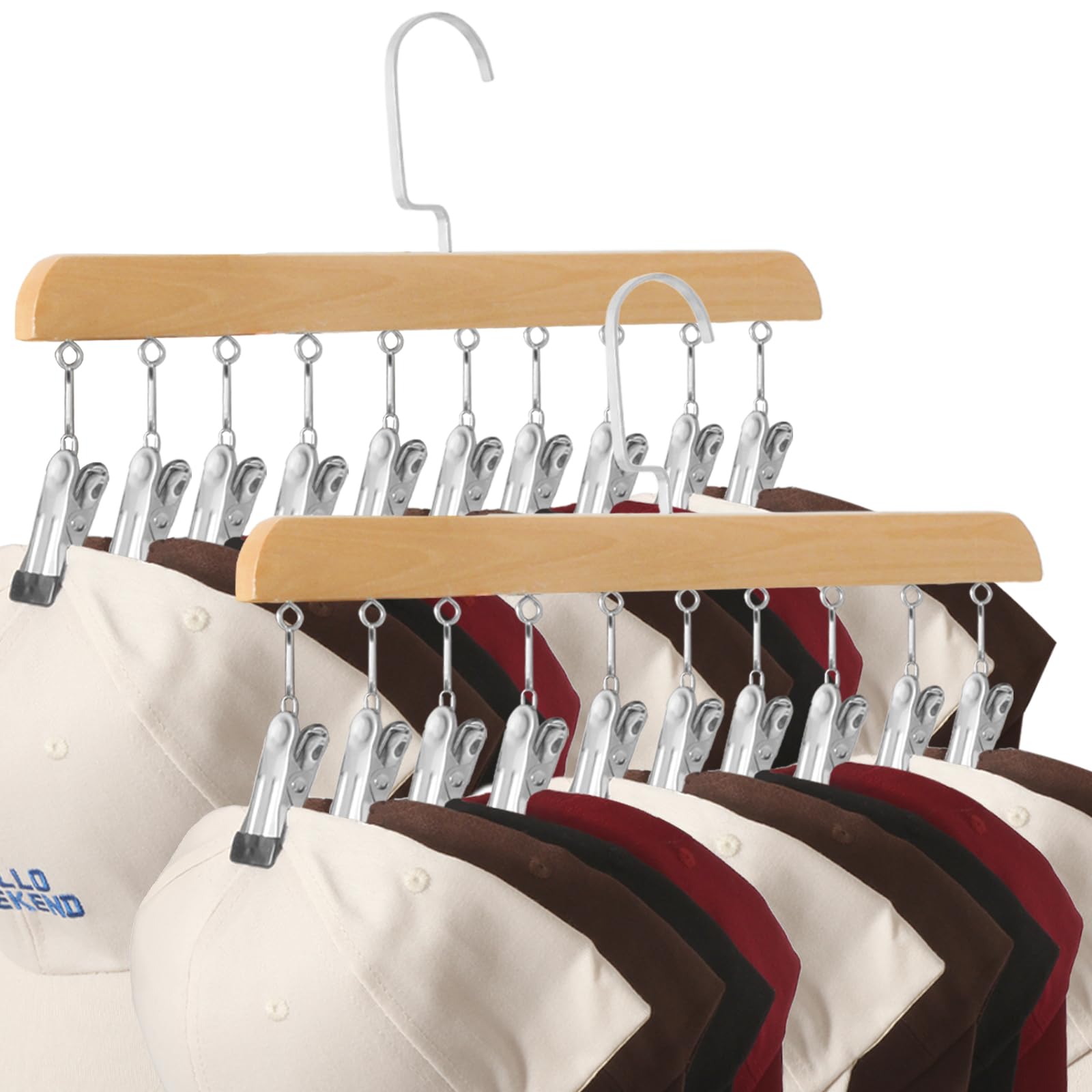 YYLDPBD Hat Hangers for Closet, Hat Organizer for Baseball Caps, 2 Pack Hat Rack with 10 Traceless Clips Fits All Caps & Pants, 360° Swivel Big Hook Closet Organizer and Storage (Natural Wood Color)