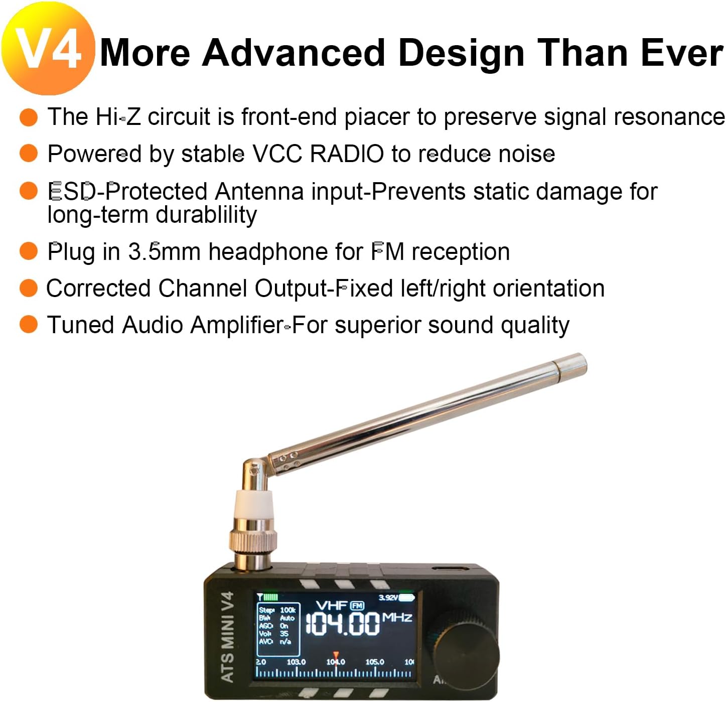 Diagram highlighting advanced design features of the ATS MINI V4 radio.