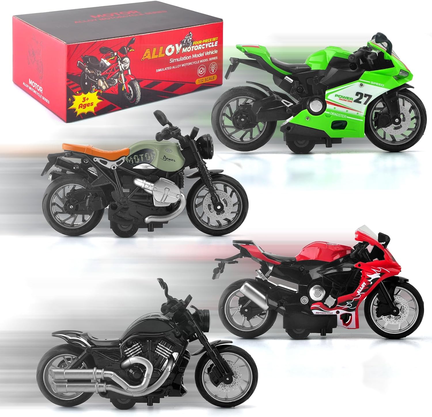 4-Pack Pull Back Motorcycle Toys for Kids with Sounds & Lights, 1:12 Scale Die Cast Friction Powered Motorcycles, Birthday Gifts for Kids Ages 3-8 Years Old