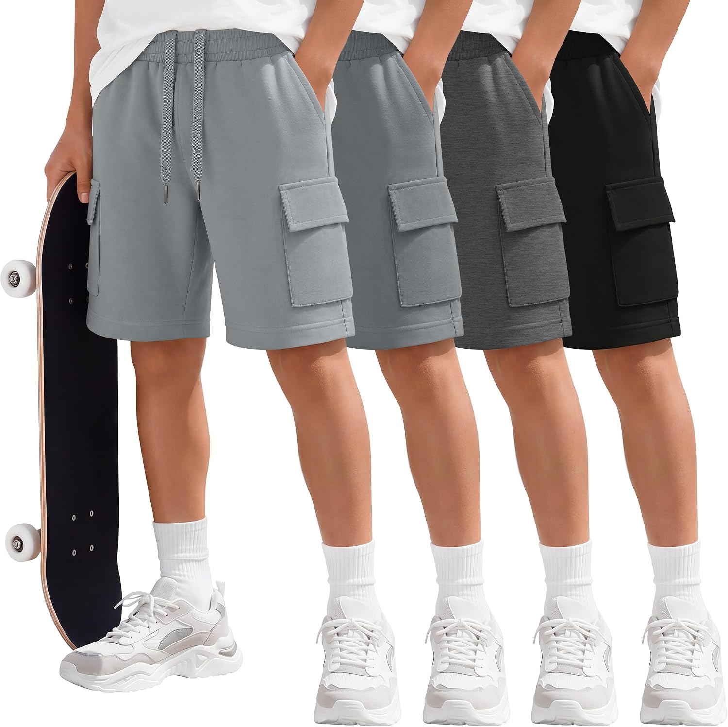 4 Park Boys Cargo Shorts Drawstring Bermuda Sweat Shorts with Pockets Athletic Elastic Waist Bottom for Kids 5-14Y