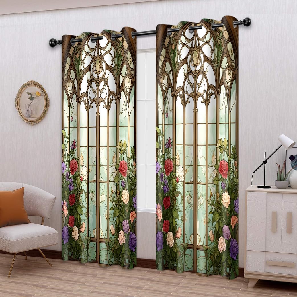 Floral Retro Blackout Curtains 84 inches Long 2 Panels Stained Glass Vintage Colorful Floral Flower Print Curtain Garden Nature Botanical Green Plant Window Drape for Living Room Bedroom 52x84in