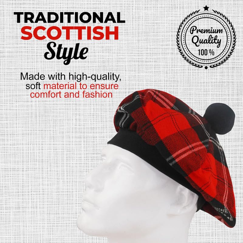Image of Scottish Tam O' Shanter Hat Tartan Bonnet Pom Pom Wool Flat Cap One Size