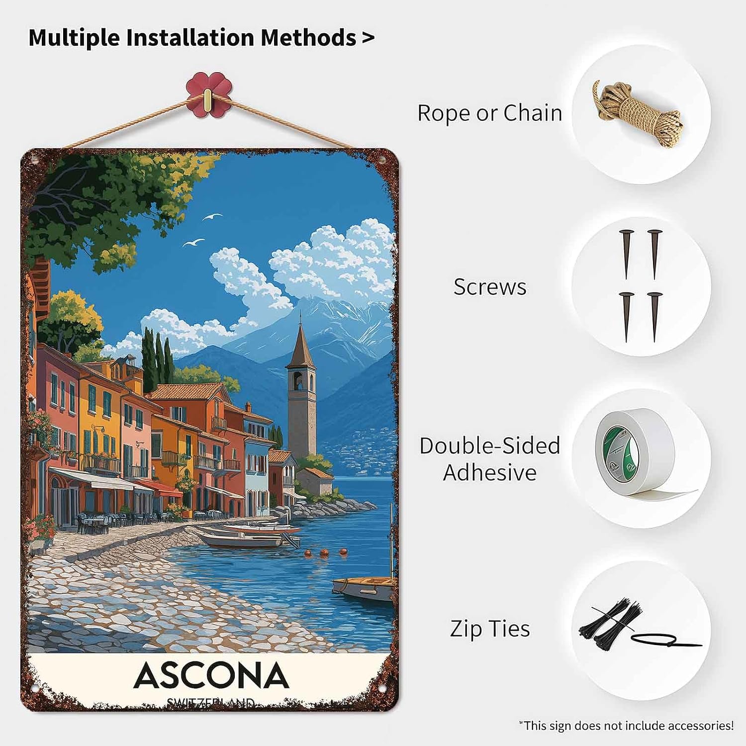 Ascona Switzerland Landscape Vintage Travel Aluminum Metal Sign 8 x 12 Inch image 3