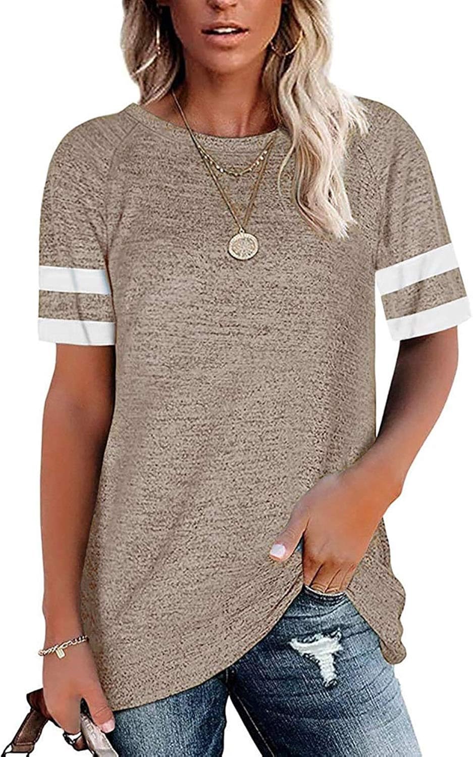 QACOHU 2023 Women's Short Sleeve V-Neck Shirts Loose Casual Tee T-Shirt Summer Tops S-2XL