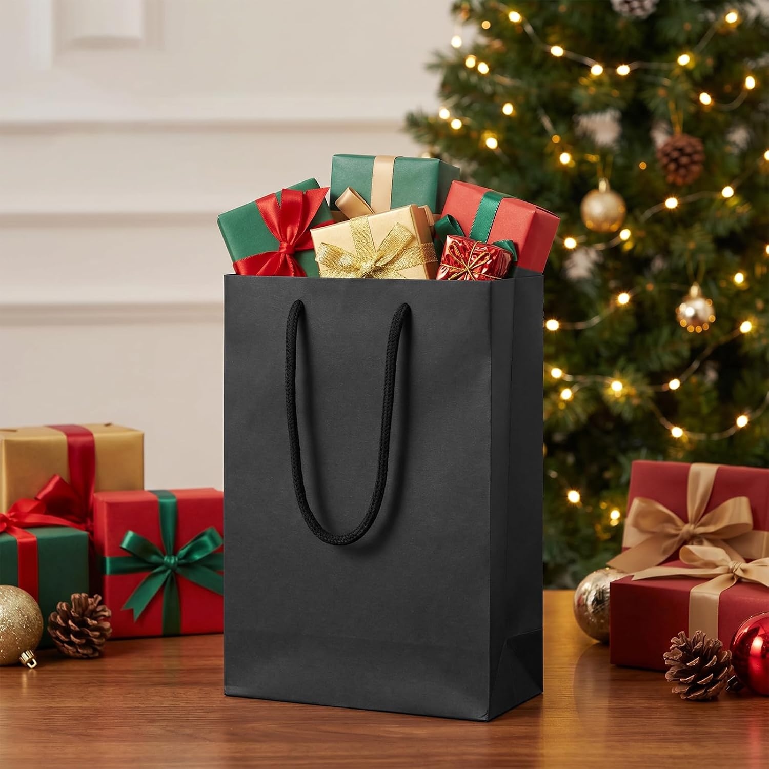 kuyeyzu 50 Pack Black Gift Bags with Handles, 5.1x2.4x7.5 Inch Small Paper Bags Bulk for Groomsmen Gifts, Party, Wedding, Business, Retail, Matte Favor Bag