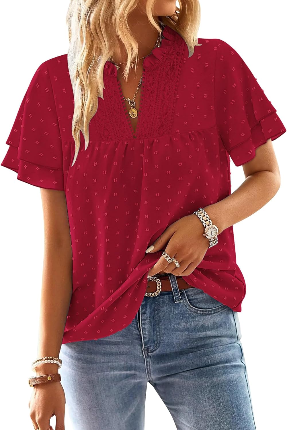onlypuff Women's V Neck Short Sleeve Tops Boho T-Shirts Flowy Swiss Dot Ruffle Tunic Tops for Leggings Casual Blouses