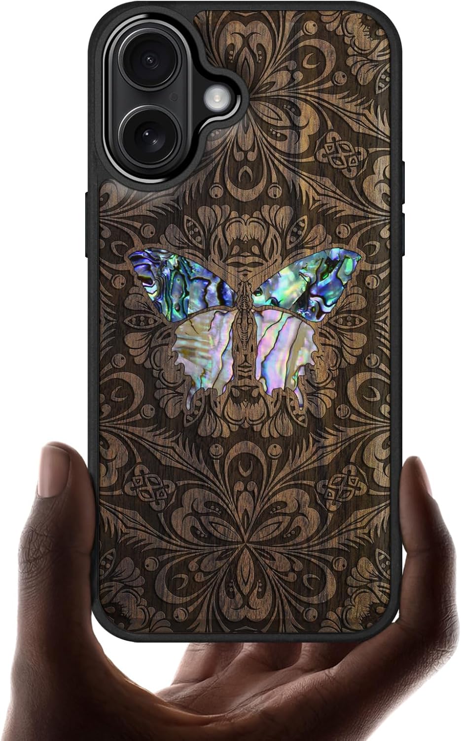 Carveit Magnetic Wooden Case for iPhone 17 Case, Wood Artisan Engraved & Handmade Shell Inlaid, TPU Shockproof Cover, Compatible with MagSafe Wireless Chargers (Baroque Butterfly-Blackwood)
